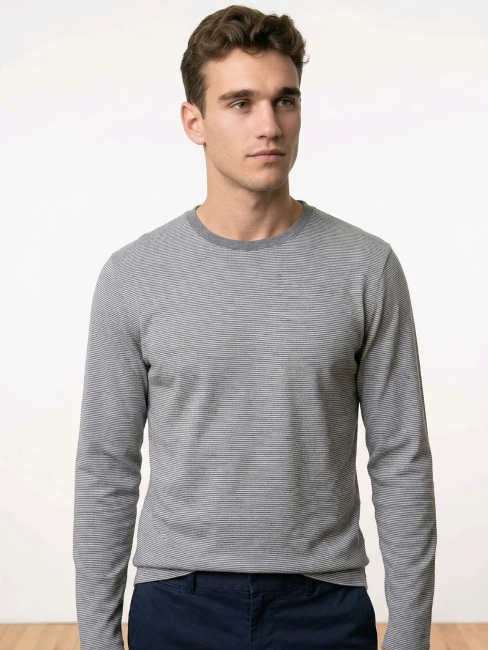 BANANA REPUBLIC Men's Long Sleeve Striped Comfy 100% Cotton Tee, Gray Sz L